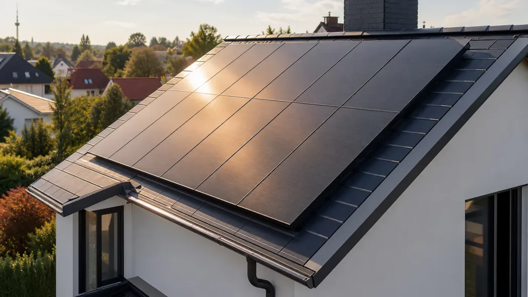 Photovoltaik-Module auf einem Hausdach in der Abendsonne — geplant von DiMA Haustechnik